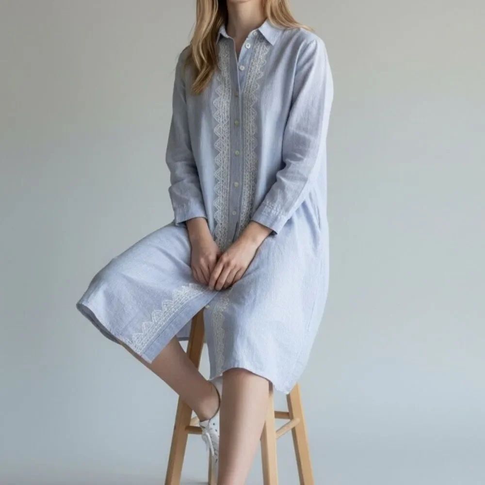 Subtle Luxury Blue Button-Up Embroidered Shirt Dress in Size XS/S